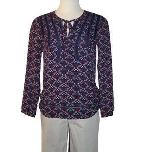Daniel Rainn Loose Fit Floral Blouse W/Lace Trim Neck Tie Size S Navy Green